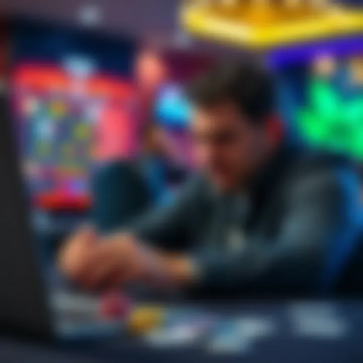 Individual focused on a laptop screen displaying online casino games, with chips and playing cards on the table, reflecting tension and excitement during a gambling session.