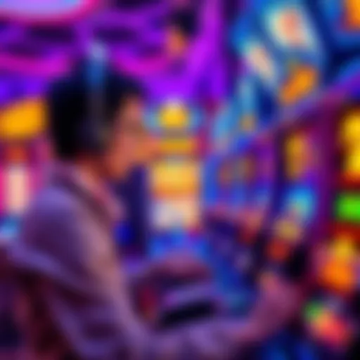 A person engaged in an online casino game, focused on spinning virtual slot machines with colorful graphics and flashing bonuses.