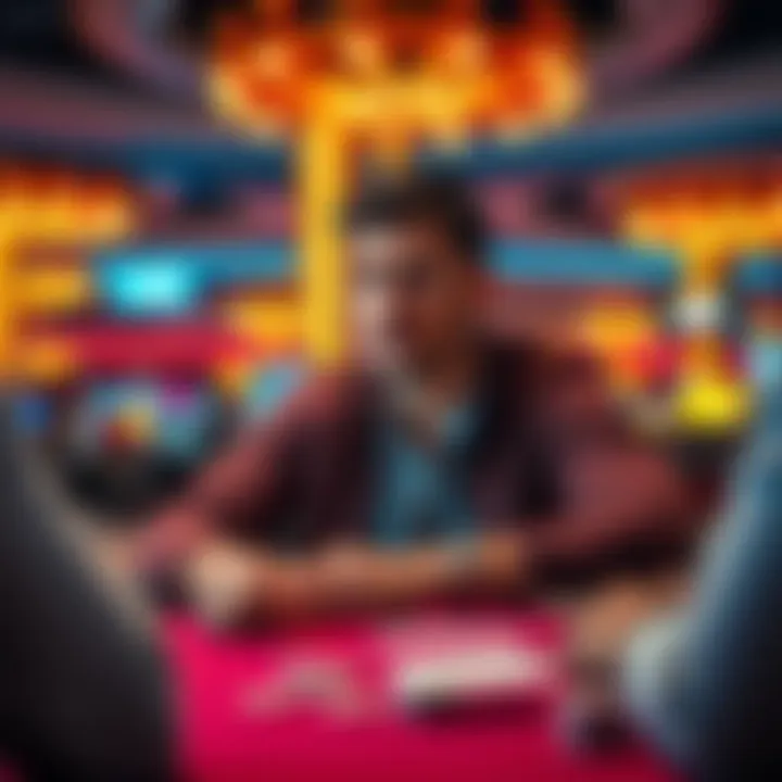 Person playing poker in Las Vegas A man with a focused expression sits at a poker table in a bright Las Vegas casino, surrounded by chips and cards, contemplating his next move.