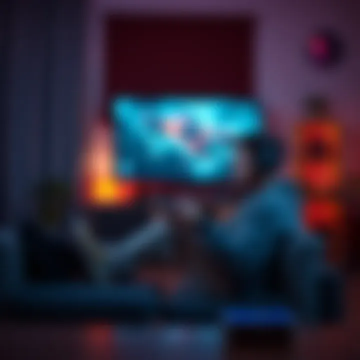 Individual seated on a couch, focused on playing a video game, surrounded by a cozy atmosphere, showcasing a healthy way to cope with challenges