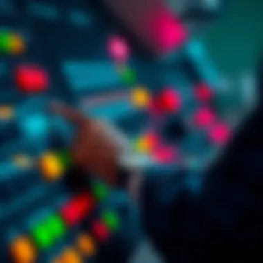 A person curiously pressing various colorful buttons on a control panel, showing interest and surprise.