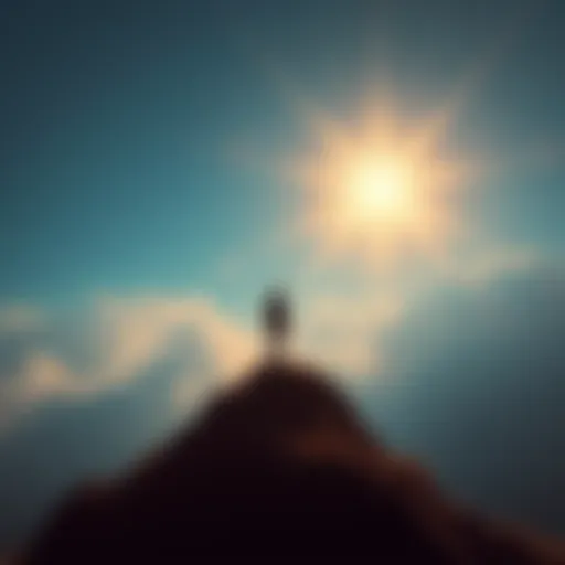 A person standing on a hilltop, reaching towards a bright sky, symbolizing aspiration and achievable goals.