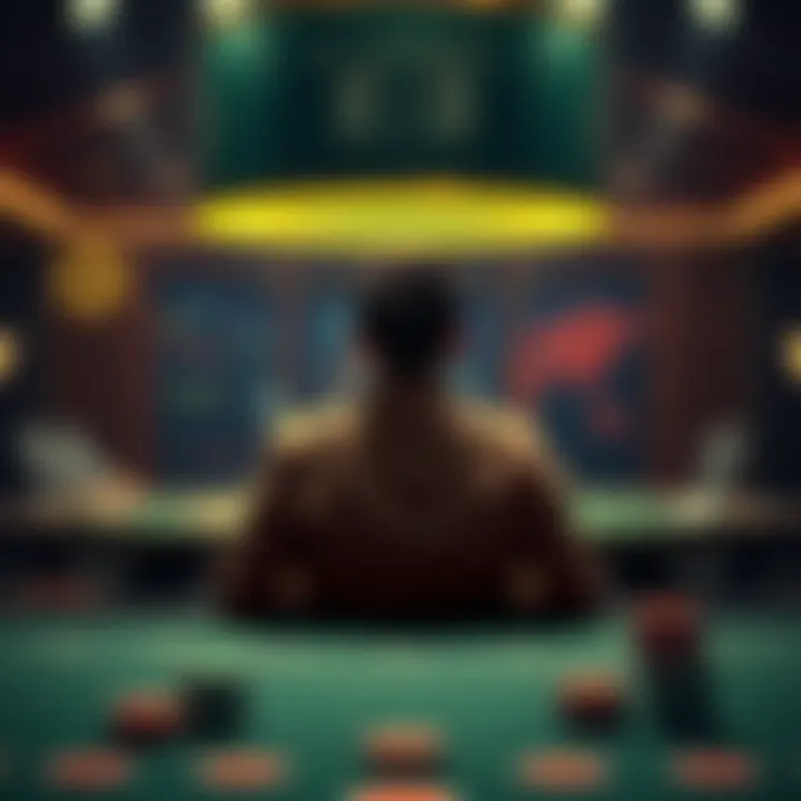 A person sitting alone, deep in thought, with a poker table and gambling chips in the background, symbolizing the struggle to quit gambling.