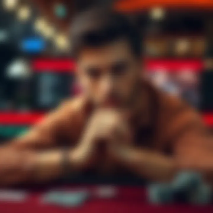 A thoughtful person gazes at a poker table, contemplating their decision to quit the game, with cards and chips in the background