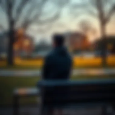 A person sitting alone on a bench looking contemplative, with a defeated expression, surrounded by a park setting.