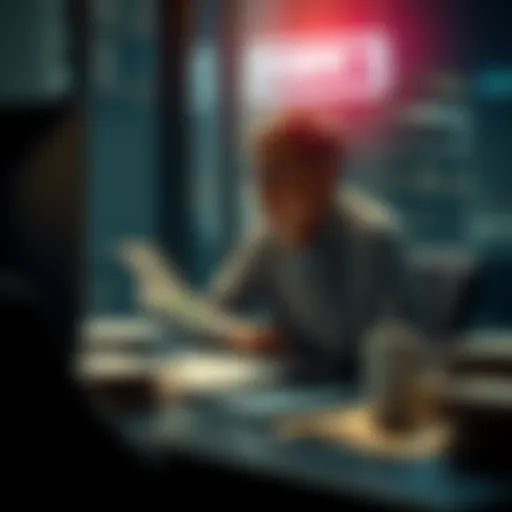 Individual sitting at a desk with bills and a laptop, looking pensive about financial losses due to gambling.