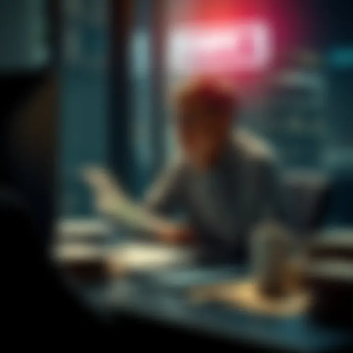 Individual sitting at a desk with bills and a laptop, looking pensive about financial losses due to gambling.