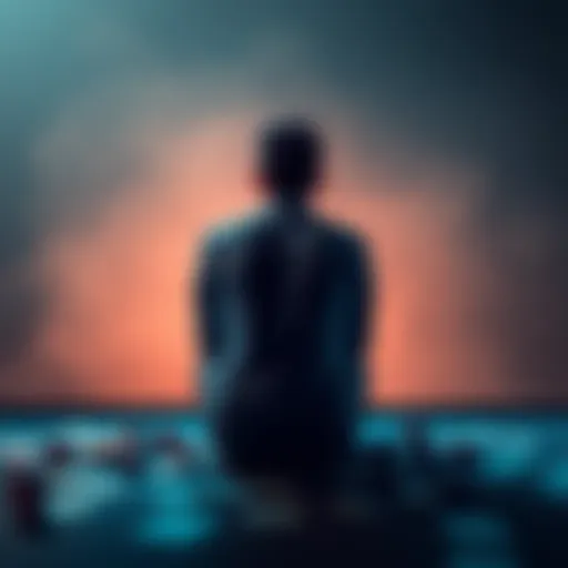 A person sitting alone in a thoughtful pose, showing determination to overcome gambling addiction, surrounded by notes of encouragement.