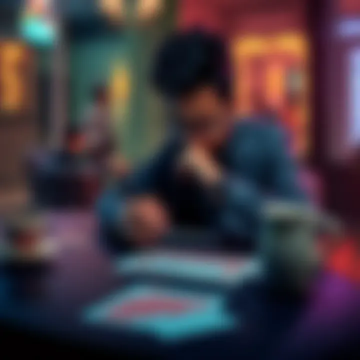 A person sitting at a table, deep in thought, with a calendar marked for a year without gambling, a pen in hand and a coffee cup nearby.