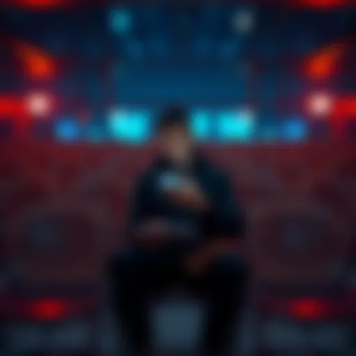 Individual sitting alone, looking contemplative while scrolling on a smartphone, surrounded by empty chairs, symbolizing isolation from an online community after a ban.