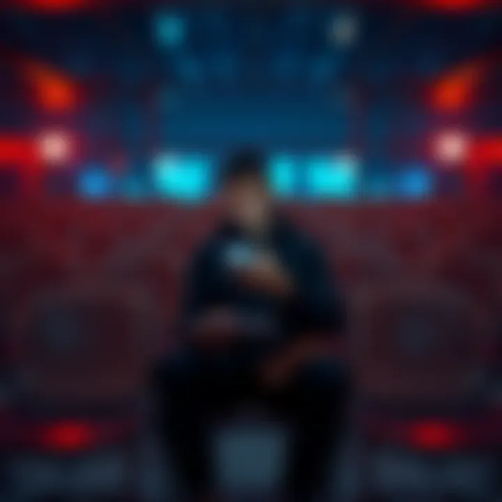 Individual sitting alone, looking contemplative while scrolling on a smartphone, surrounded by empty chairs, symbolizing isolation from an online community after a ban.