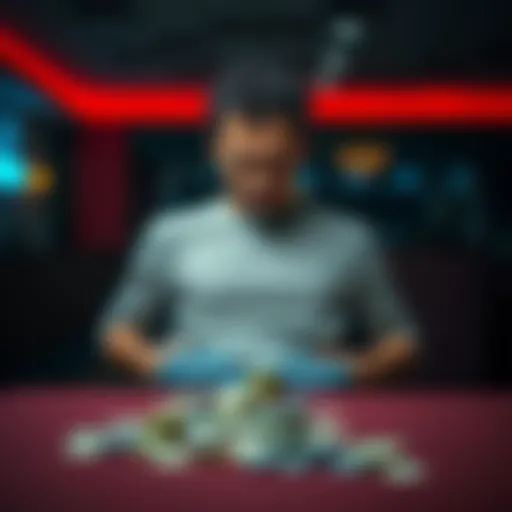 A person sitting at a table with empty pockets and a worried expression after losing money, symbolizing the emotional toll of gambling addiction relapse.