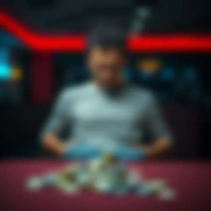 A person sitting at a table with empty pockets and a worried expression after losing money, symbolizing the emotional toll of gambling addiction relapse.