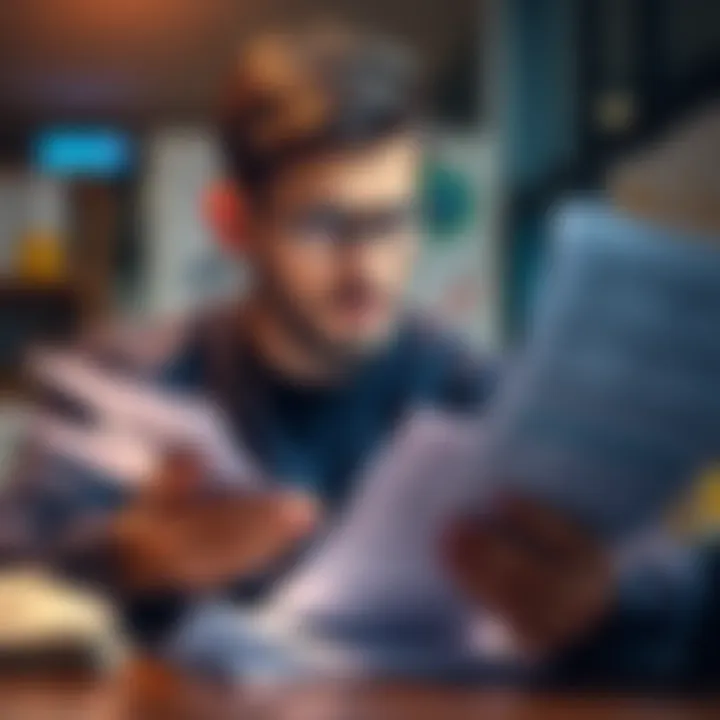 Individual reviewing bills and financial statements with a worried expression