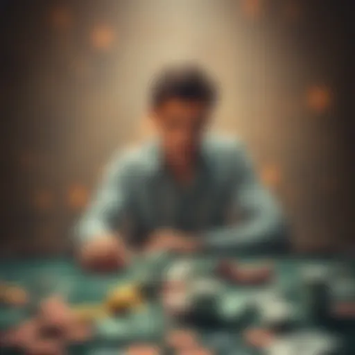 A person looking contemplative while sitting at a table covered with gambling chips and cards, reflecting on their struggle with addiction.
