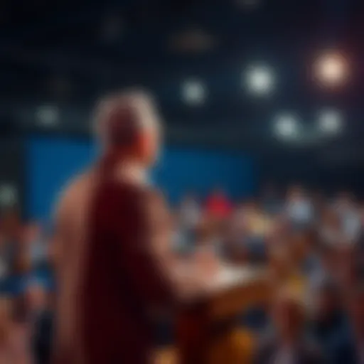 A speaker stands at a podium addressing a captivated crowd, emphasizing their points with gestures.