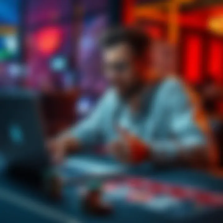 Individual sitting at a table with a laptop and gambling chips, looking worried and stressed about finances