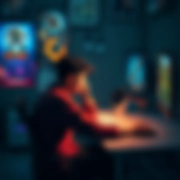 Individual sitting at a desk looking frustrated, surrounded by game advertisements on a screen, depicting the struggle to resist gaming urges during boredom.