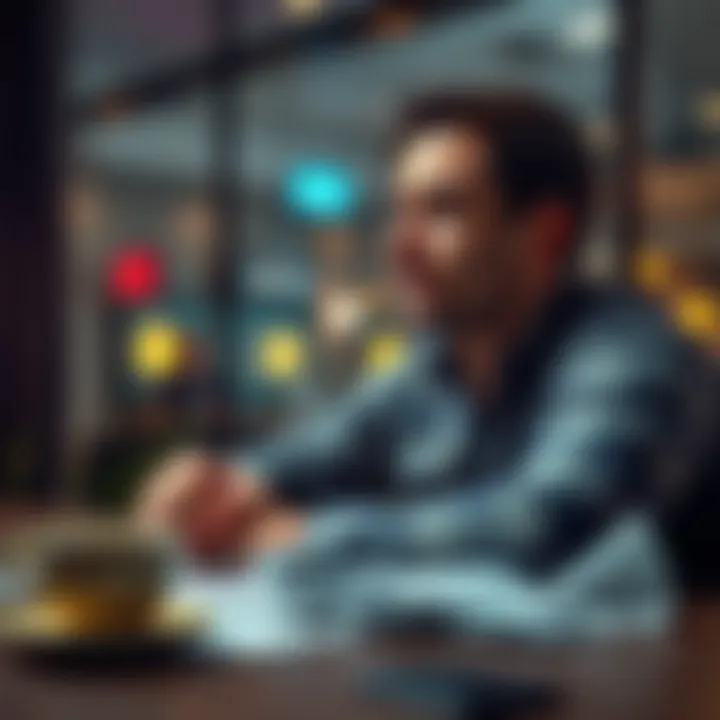 Individual sitting at a table, reflecting on betting losses with a thoughtful expression, surrounded by betting slips and a cup of coffee.