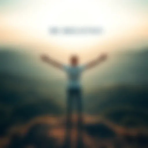 A person standing on a hilltop with arms outstretched, taking a deep breath in a serene landscape, symbolizing effort and resilience