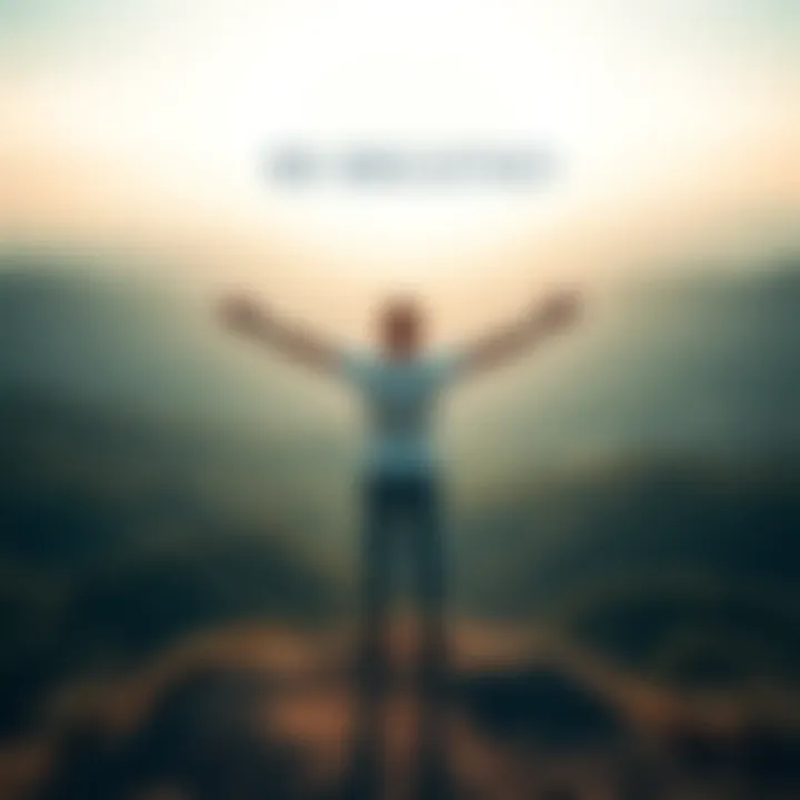A person standing on a hilltop with arms outstretched, taking a deep breath in a serene landscape, symbolizing effort and resilience