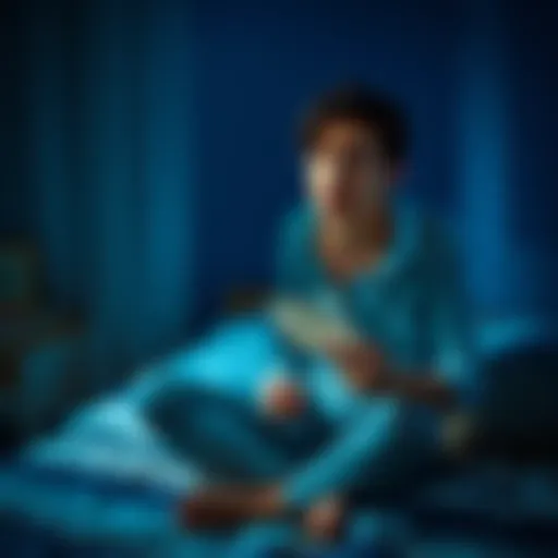A person sitting on a bed in a dimly lit room, looking worried while holding a crumpled note in their hand, emphasizing anxiety about forgetting something important before sleep.