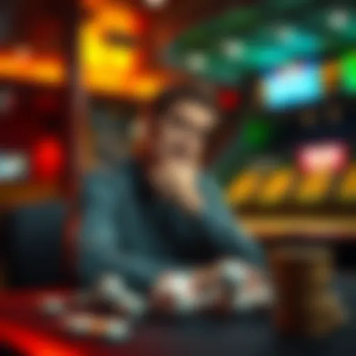 A person sitting at a betting table, contemplating the decision to cash out their bet, with a serious expression on their face.