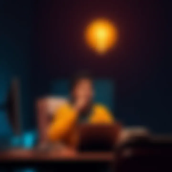 A person sitting at a desk looking thoughtful, with a light bulb glowing above their head to represent creative ideas. 
