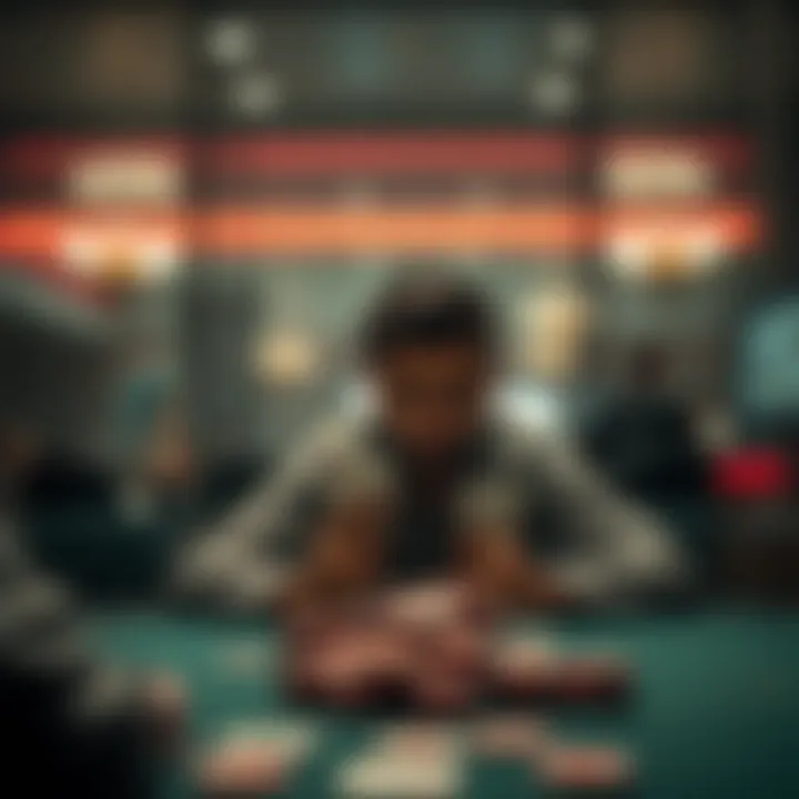 Person thinking about poker A person sitting at a table, looking anxious while holding poker cards, reflecting on their fear of playing.