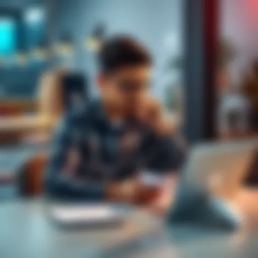 A person sitting at a table with a laptop, looking thoughtful while reviewing financial documents, considering a money withdrawal decision.