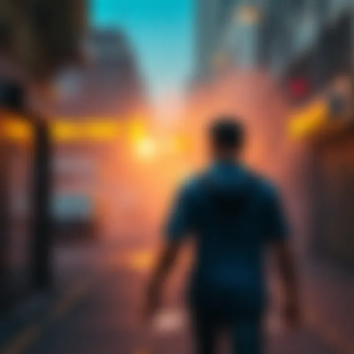 A person leaving a stressful environment, looking back with a thoughtful expression.