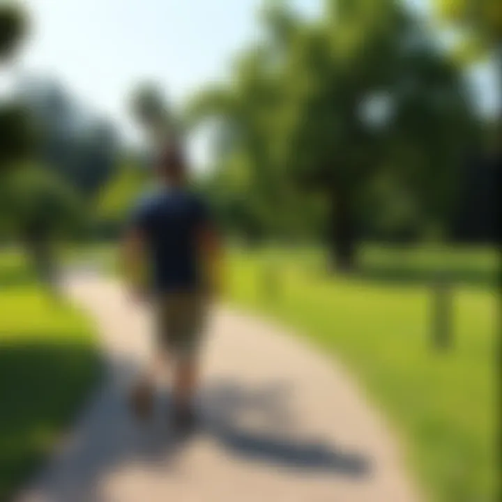 A person walking in a green park, enjoying the fresh air and scenery to avoid gambling thoughts.