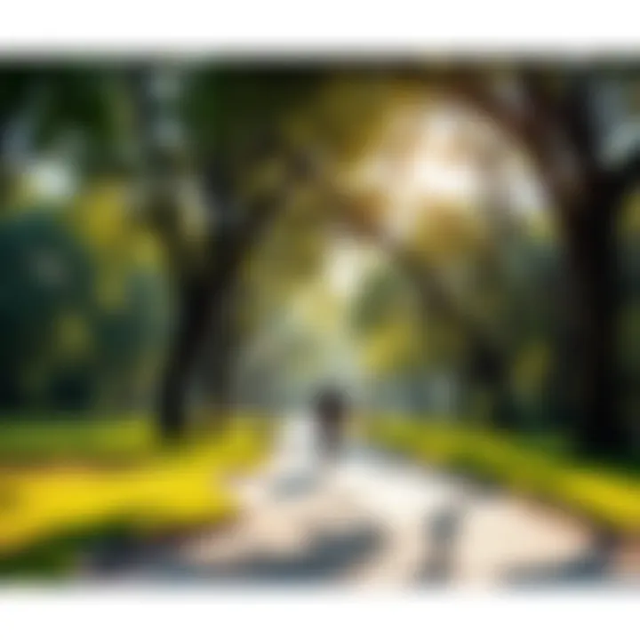 Person walking in a park A person enjoying a daily walk in a sunny park surrounded by trees and greenery, promoting health and well-being.