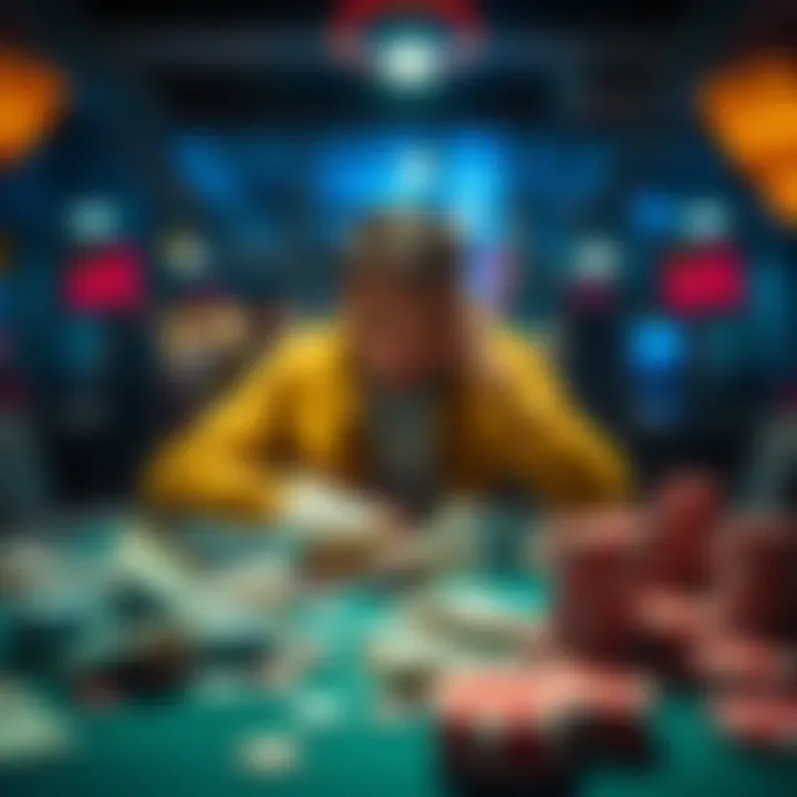 A person sitting at a table surrounded by money and gaming chips, looking anxious as they consider a risky financial decision.