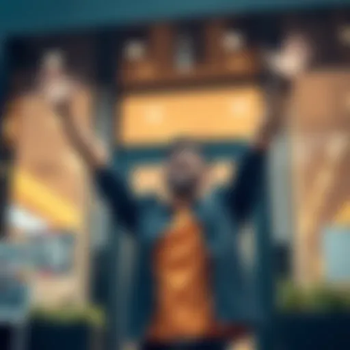 A person smiling and raising arms in joy while standing outside an office building, symbolizing new beginnings after quitting gambling.