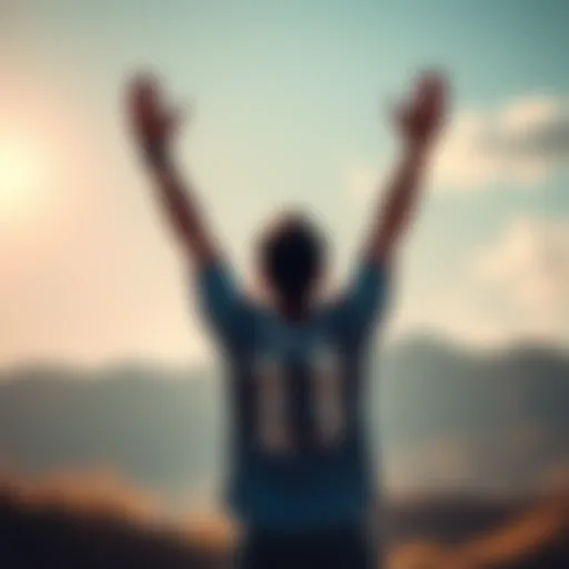 A person with arms raised in joy after achieving a goal, standing in a bright outdoor setting, symbolizing triumph after tough times.