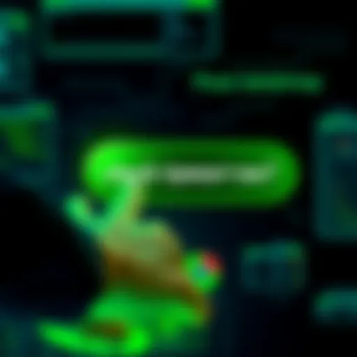 A person pressing a bright green button on a screen, looking puzzled while a message appears that says 'check tomorrow'