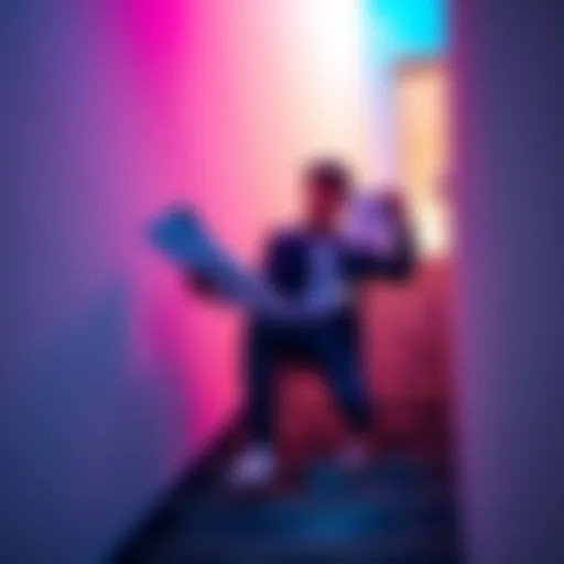 Young adult looking determined while holding financial documents and climbing a staircase symbolizing progress out of debt.