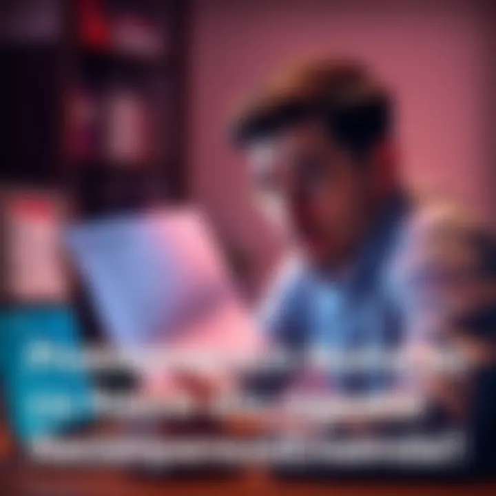 An individual looking frustrated while trying to redeem rewards on a computer, showing a document with a name and a laptop with an account login screen.