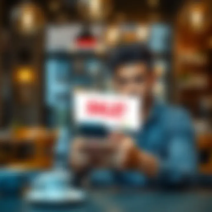 A person looking surprised while reviewing an unexpected sale offer on a phone in a café setting.