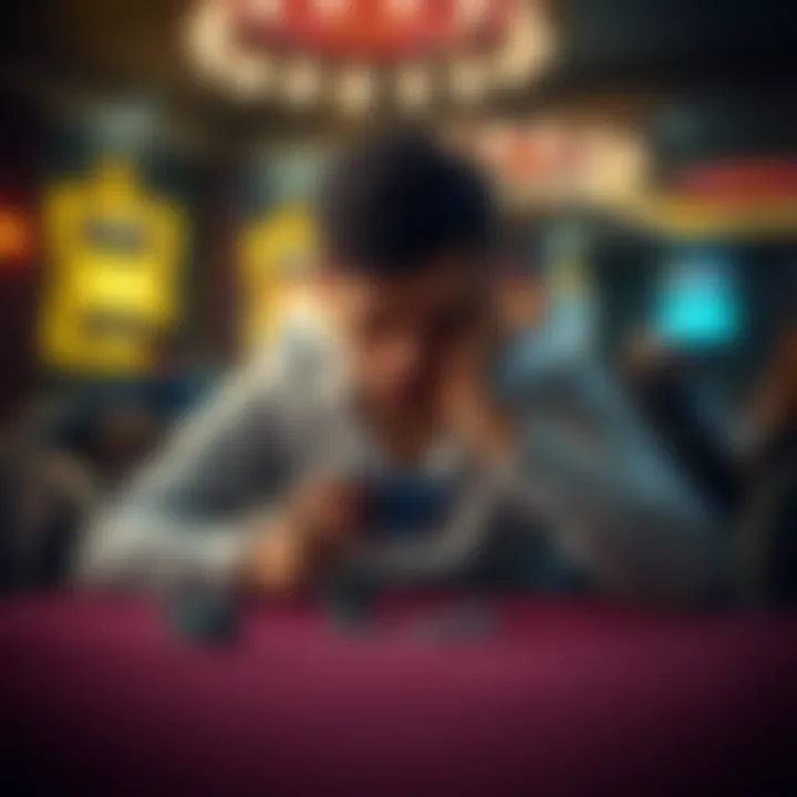 Individual sitting at a table with a sad expression, looking at casino chips and a credit card, symbolizing the struggle with gambling addiction in Louisiana casinos.