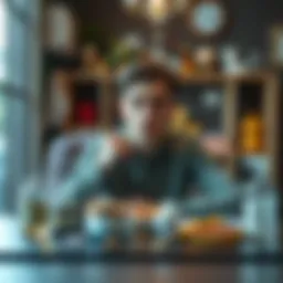A person sitting at a table with a thoughtful expression, surrounded by health and wellness items, symbolizing the conflict of wanting self-care after quitting gambling.