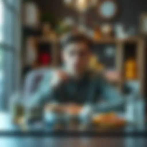 A person sitting at a table with a thoughtful expression, surrounded by health and wellness items, symbolizing the conflict of wanting self-care after quitting gambling.