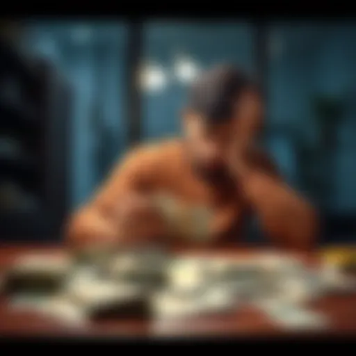 A person sits at a table counting cash while looking worried, with bills spread out in front of them, representing the struggle to gather funds for a deposit.