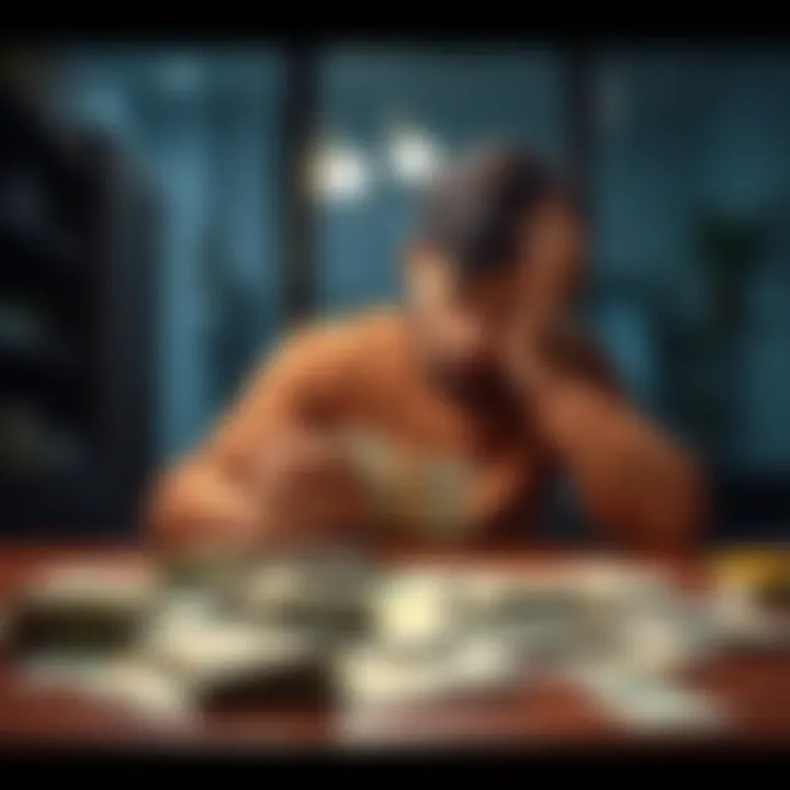 A person sits at a table counting cash while looking worried, with bills spread out in front of them, representing the struggle to gather funds for a deposit.