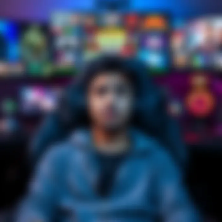 A person reflecting on their gaming experience, looking thoughtful and determined in a gaming chair surrounded by game controllers and a screen showing various games.