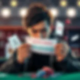 A person with a concerned expression holding a betting slip, surrounded by gaming symbols like dice and cards, representing a lost bet