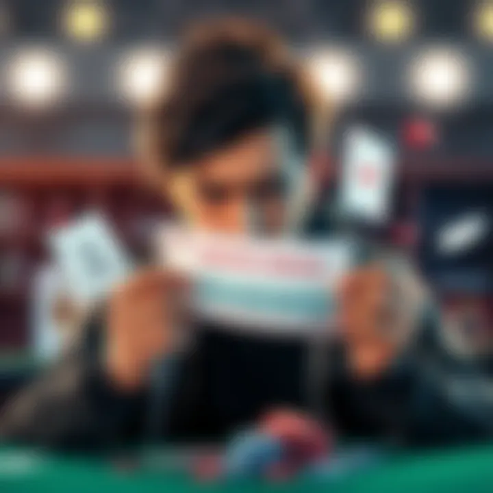 A person with a concerned expression holding a betting slip, surrounded by gaming symbols like dice and cards, representing a lost bet