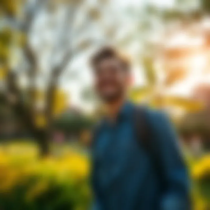 A happy person smiling while walking in a sunny park, surrounded by greenery.