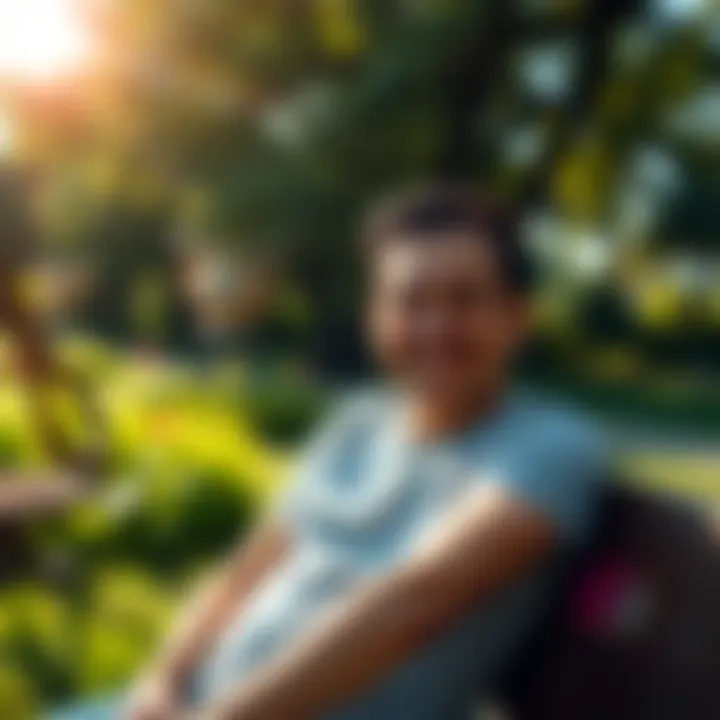 A person enjoying nature A person sitting peacefully in a park, smiling and relaxing, surrounded by greenery and sunshine, symbolizing improved mental health after taking a break from gambling.